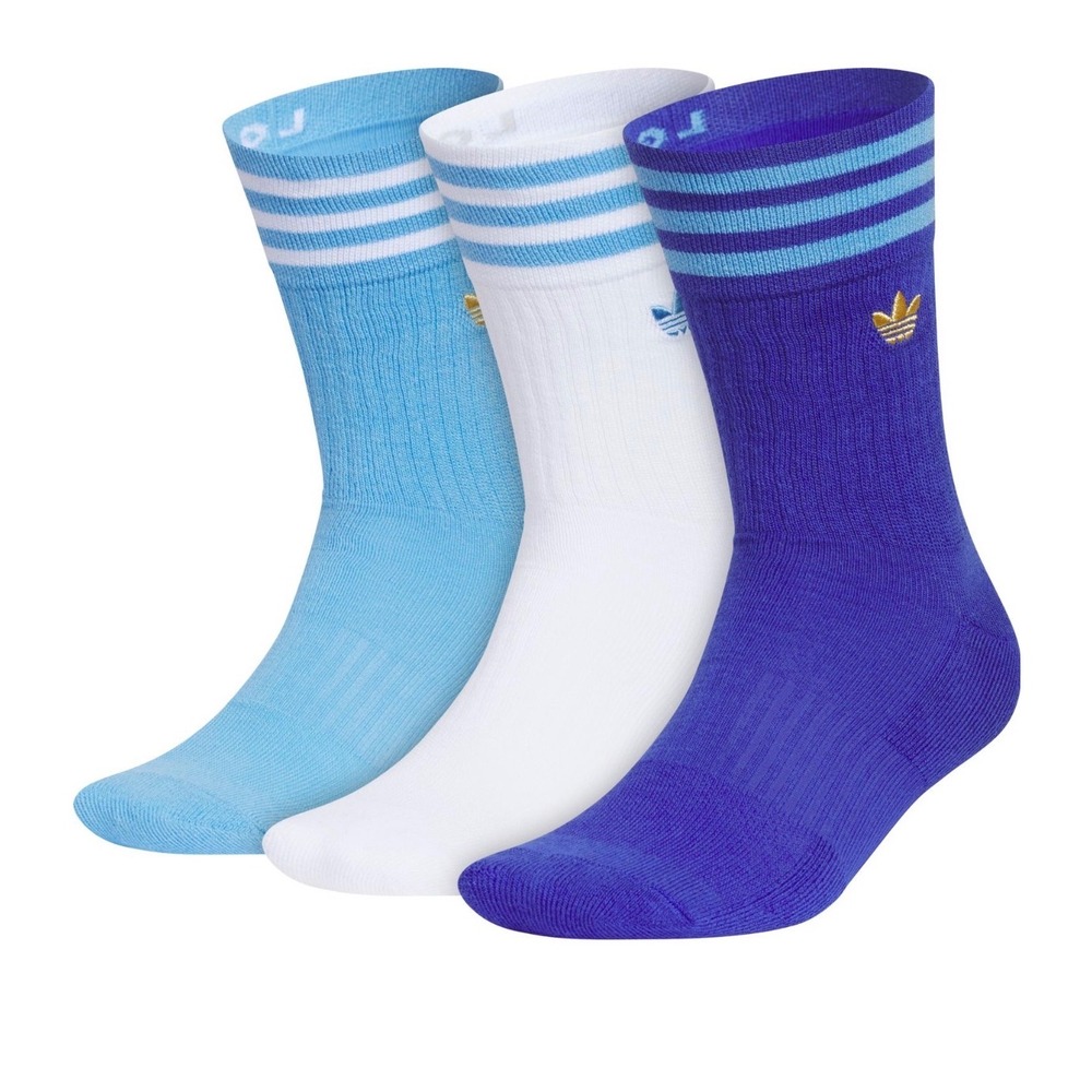 Adidas Originals Mens 3 Pack Crew Socks Blue White Gold Trefoil Size L 8-12